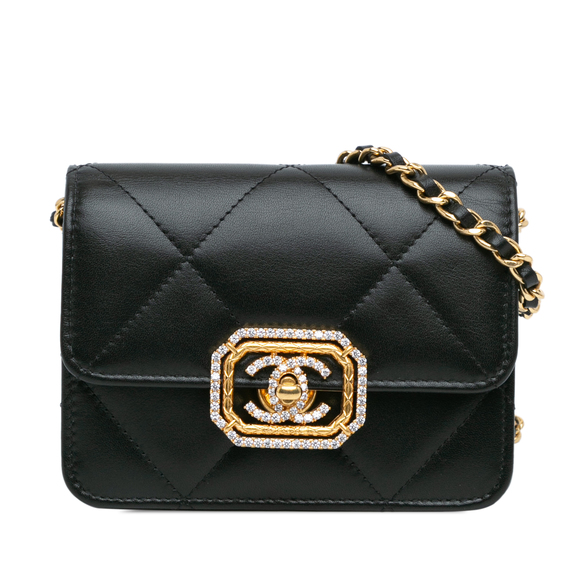 Pre-Loved Chanel Quilted Calfskin Strass Card Holder On Chain - Picture 1 of 7